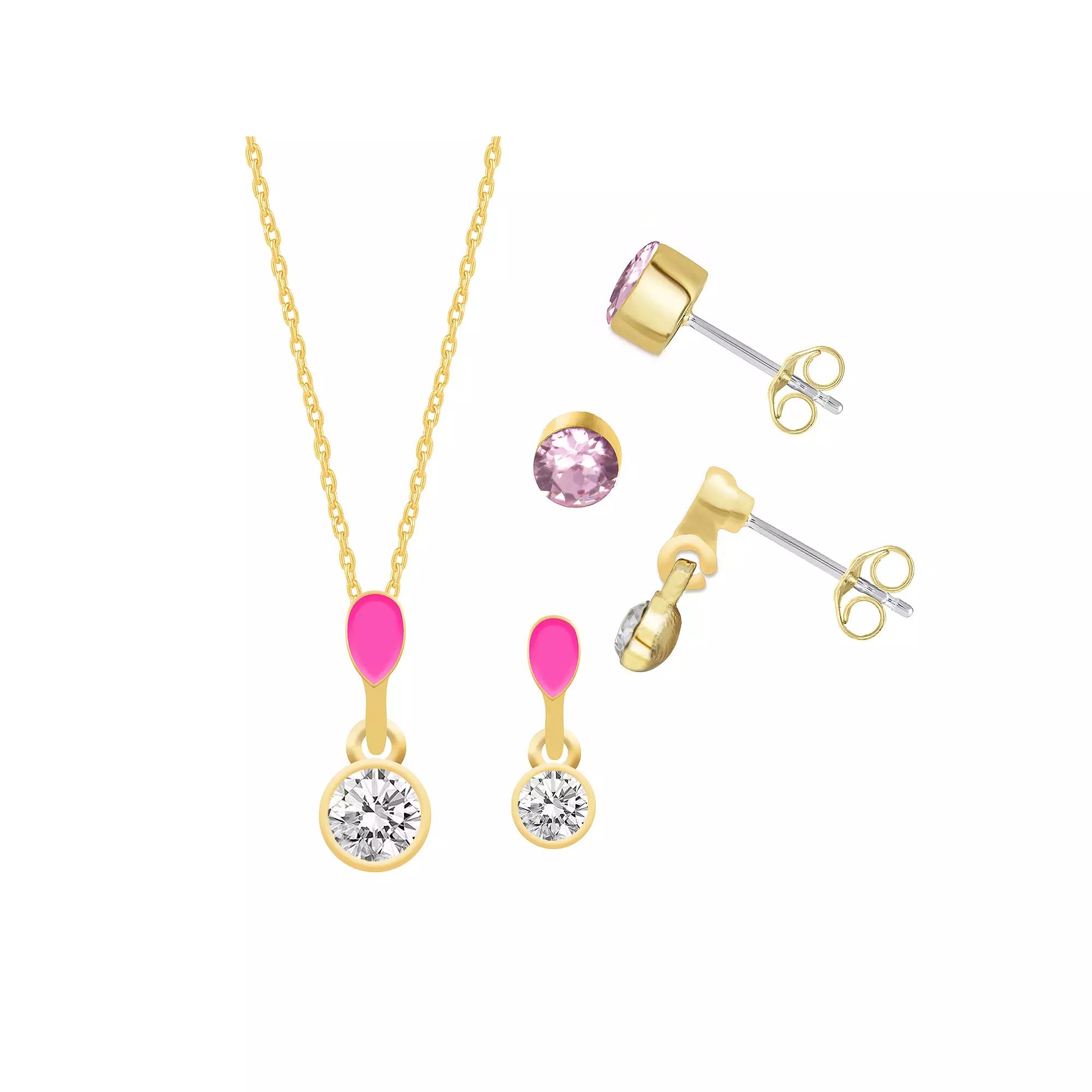 Royal Aura Gold Tone Pink Enamel & Crystal Pendant Necklace, Drop Earrings, & Stud Earrings Set, Women's, Size: 17" Product Image