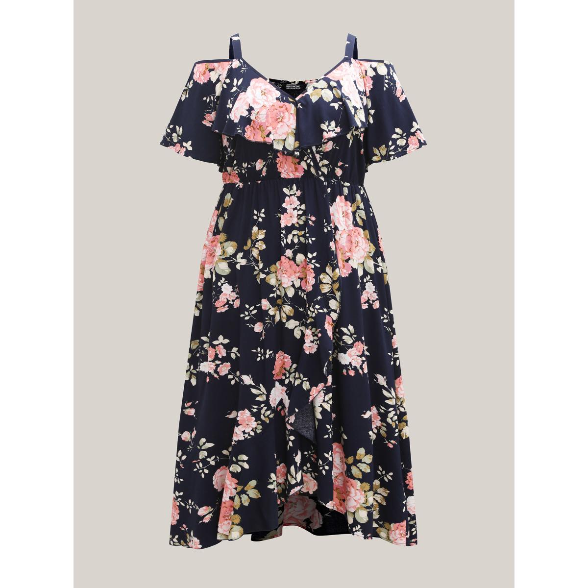 Plus Size Ruffled Neck Off-Shoulder Floral Midi Dress Navy Women Romantic Ruffles V-neck Short sleeve Curvy BloomChic 12/L Product Image