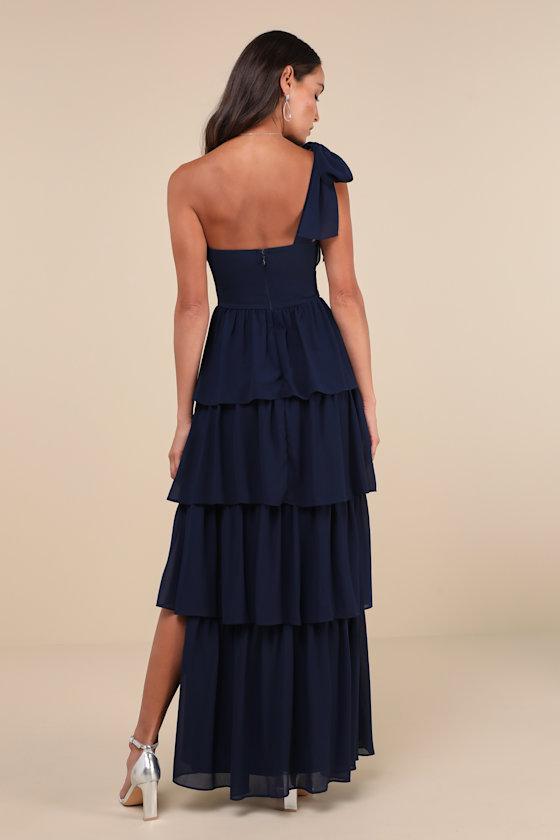 Elevated Vision Navy Blue One-Shoulder Tiered Maxi Dress Product Image