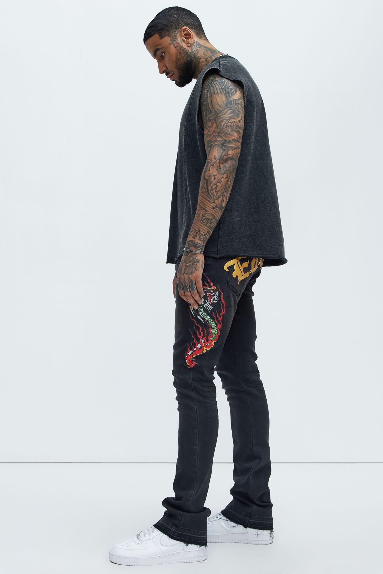 Ed Hardy Stacked Skinny Cobra Flame Jeans - Black Wash Product Image