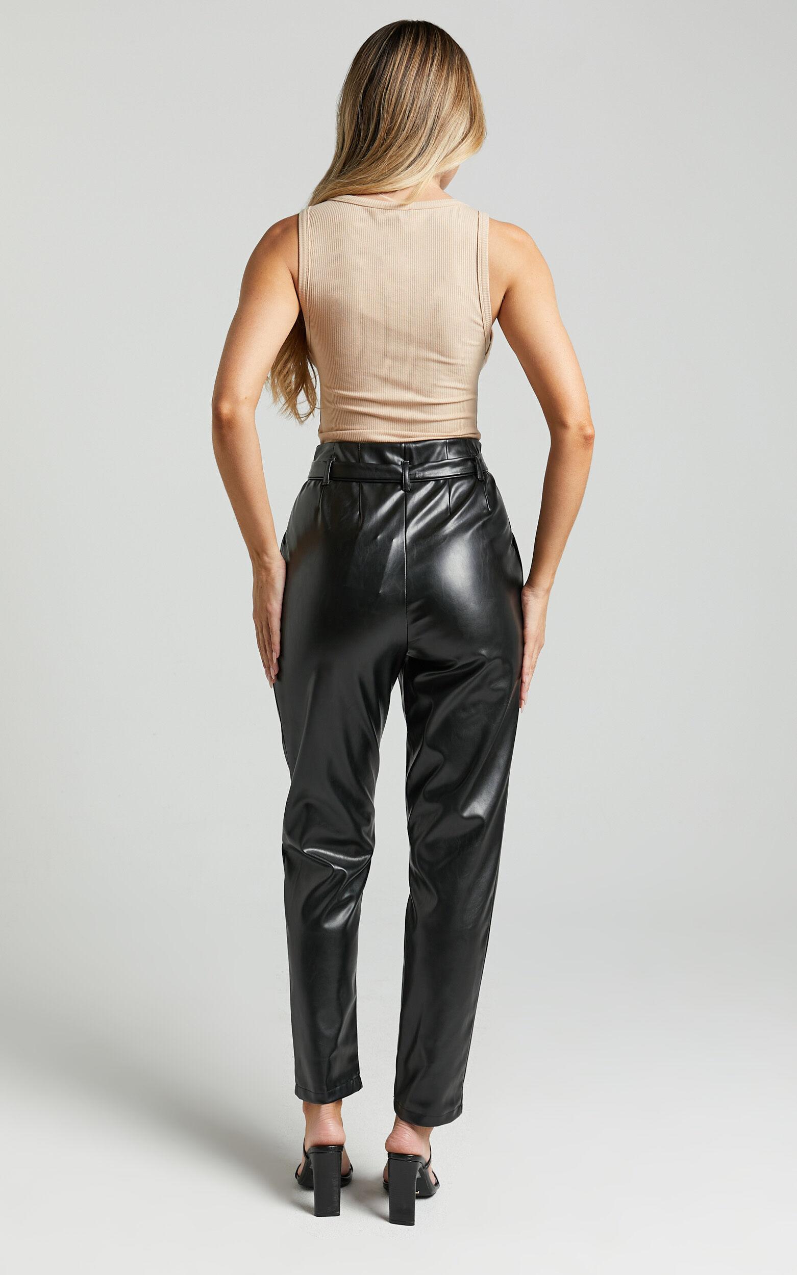 Layton Pants - Paper Bag Waist Faux Leather Pants in Black Product Image