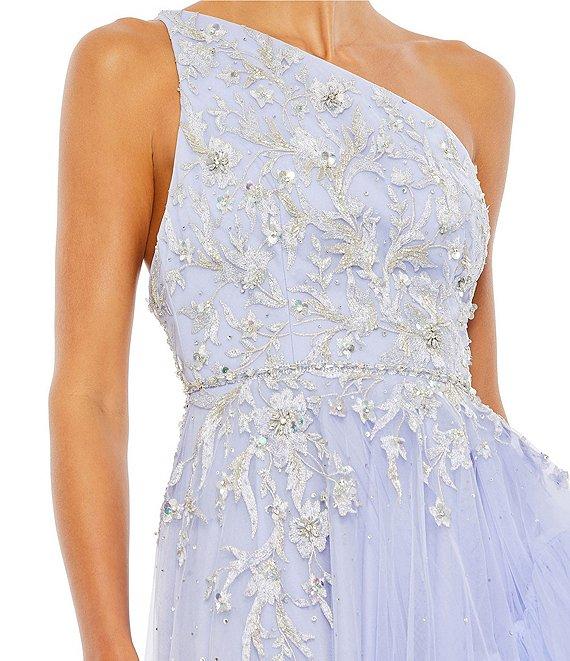 Mac Duggal Embellished One Shoulder Sleeveless Ruffle Hem Open Back Detail Asymmetrical Gown Product Image