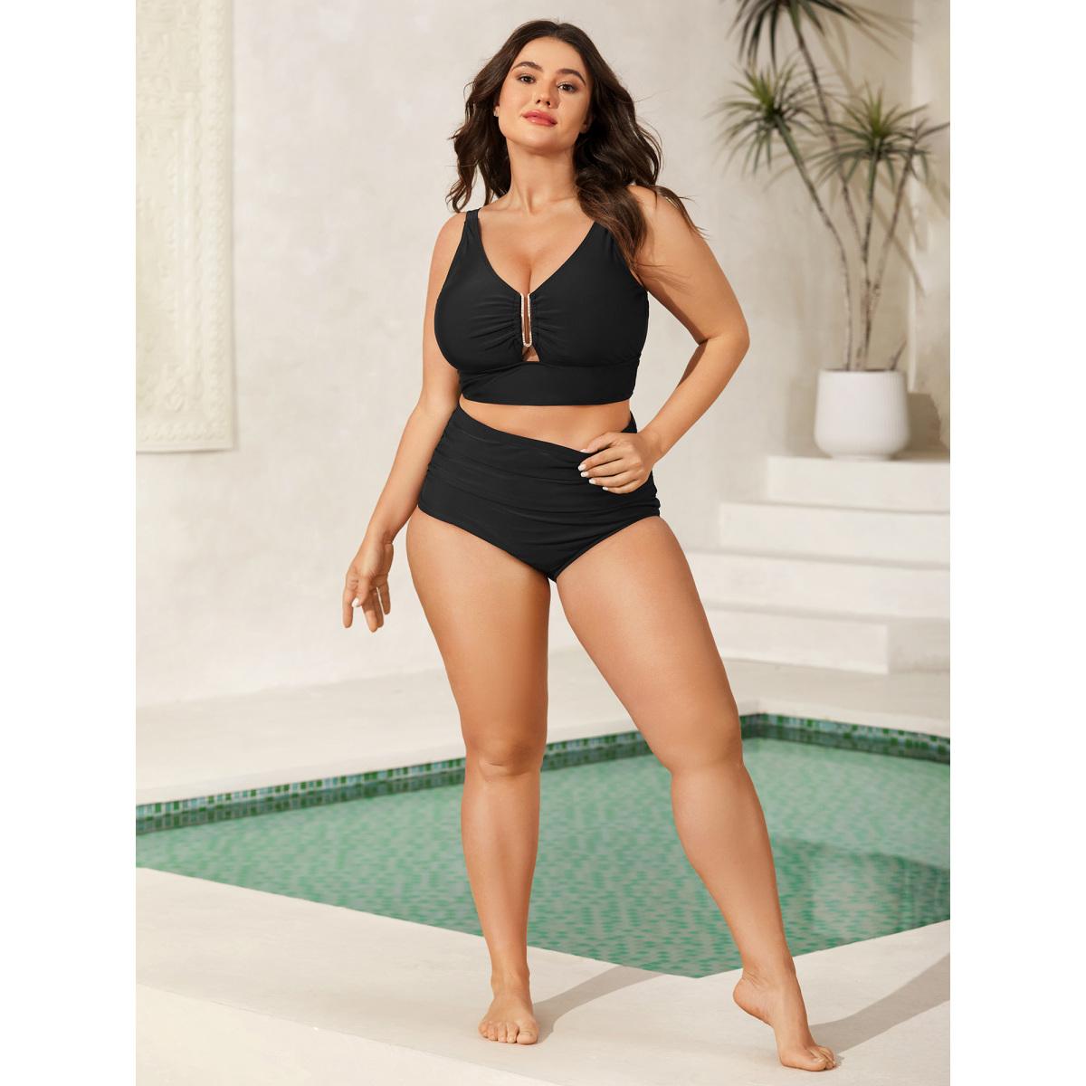 Plus Size Keyhole Metal Detail Solid Swim Top Women's Swimwear Black Resort Gathered High stretch Skinny V-neck Curve Swim Tops BloomChic 14-16/1X Product Image