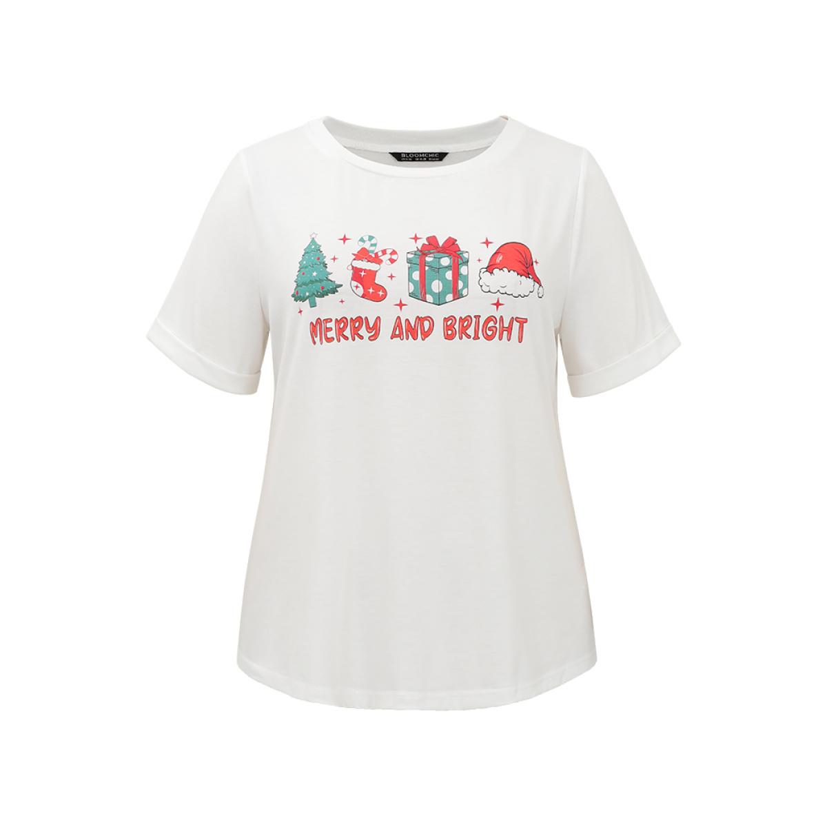 Plus Size Christmas Print Round Neck T-shirt White Women Casual Printed Christmas Festival-Christmas T-shirts BloomChic 14-16/1X Product Image