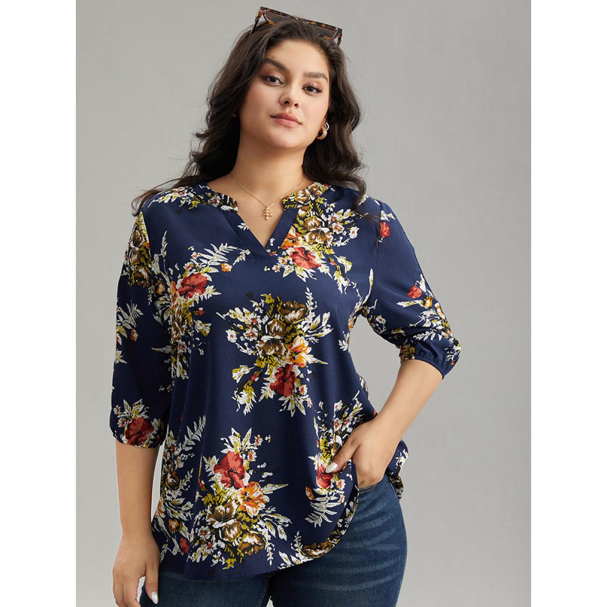 Plus Size Indigo Floral Print Notched Elastic Cuffs Blouse Women Elegant Elbow-length sleeve V-neck Dailywear Blouses BloomChic 30/6X Product Image