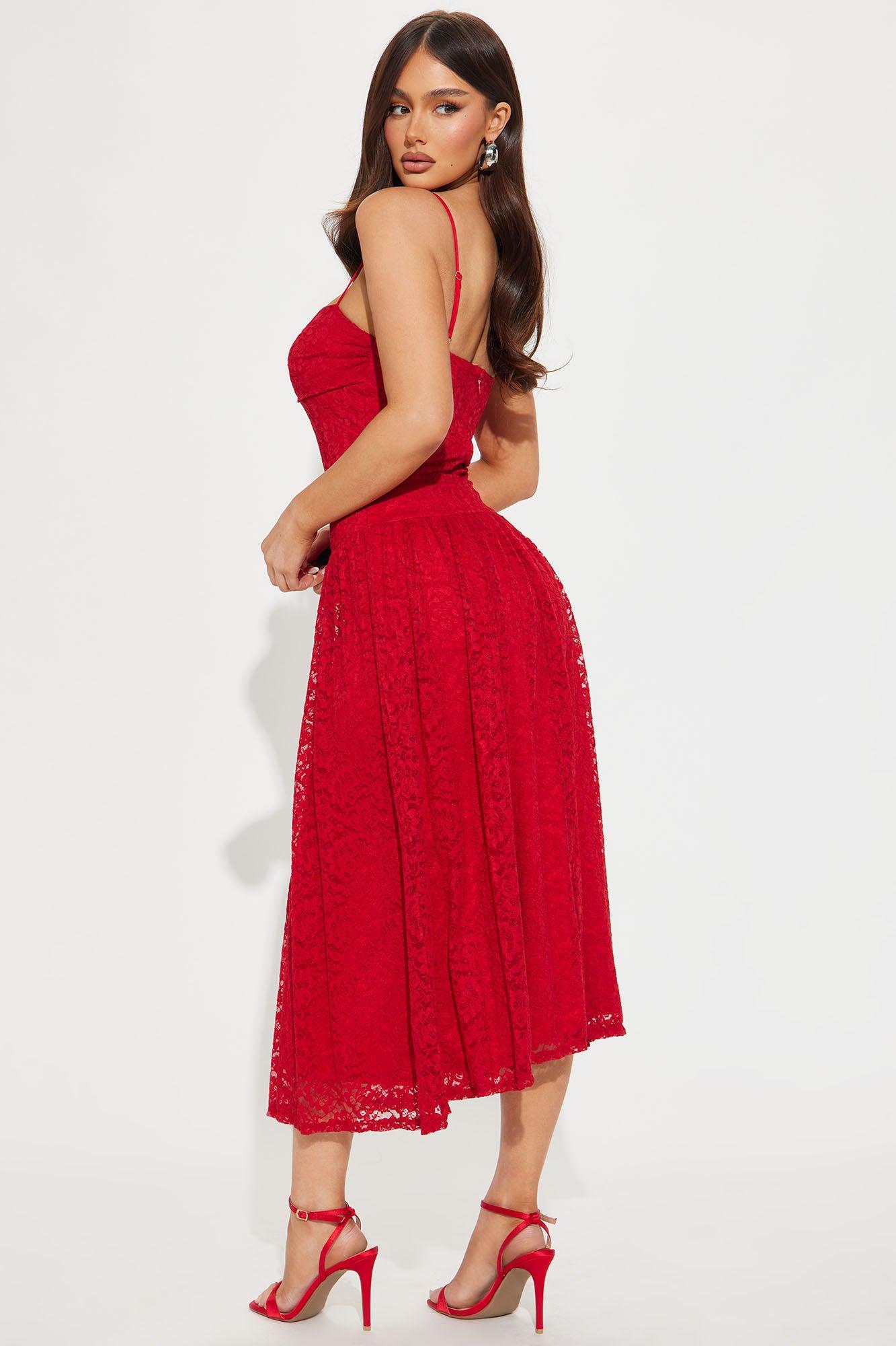 Candice Lace Midi Dress - Red Product Image