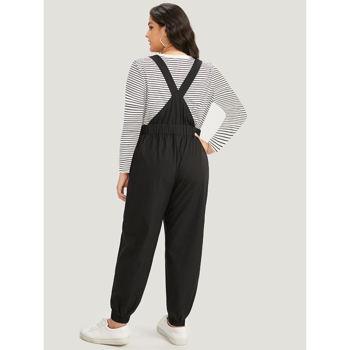 Plus Size Black Solid Pocket Back Crisscross Elastic Waist Jumpsuit Women Casual Sleeveless Spaghetti Strap Dailywear Loose Jumpsuits BloomChic 26/4X Product Image