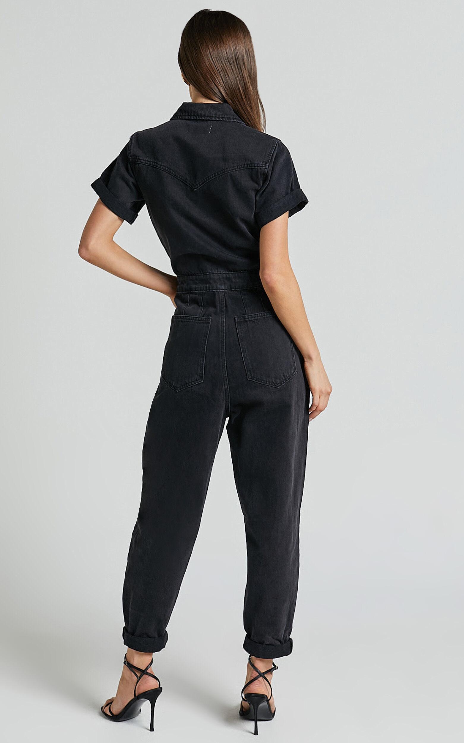 Jordyn Jumpsuit - Short Sleeve Collared Button Through Denim Jumpsuit in Black Wash Product Image