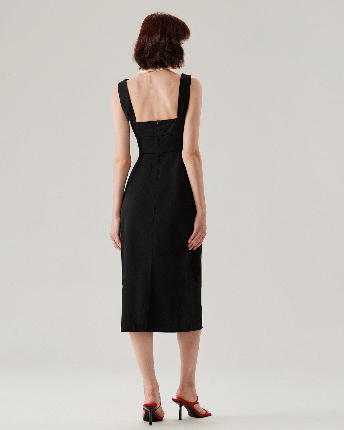 Black Ruffle Ruched Slip Midi Dress Product Image