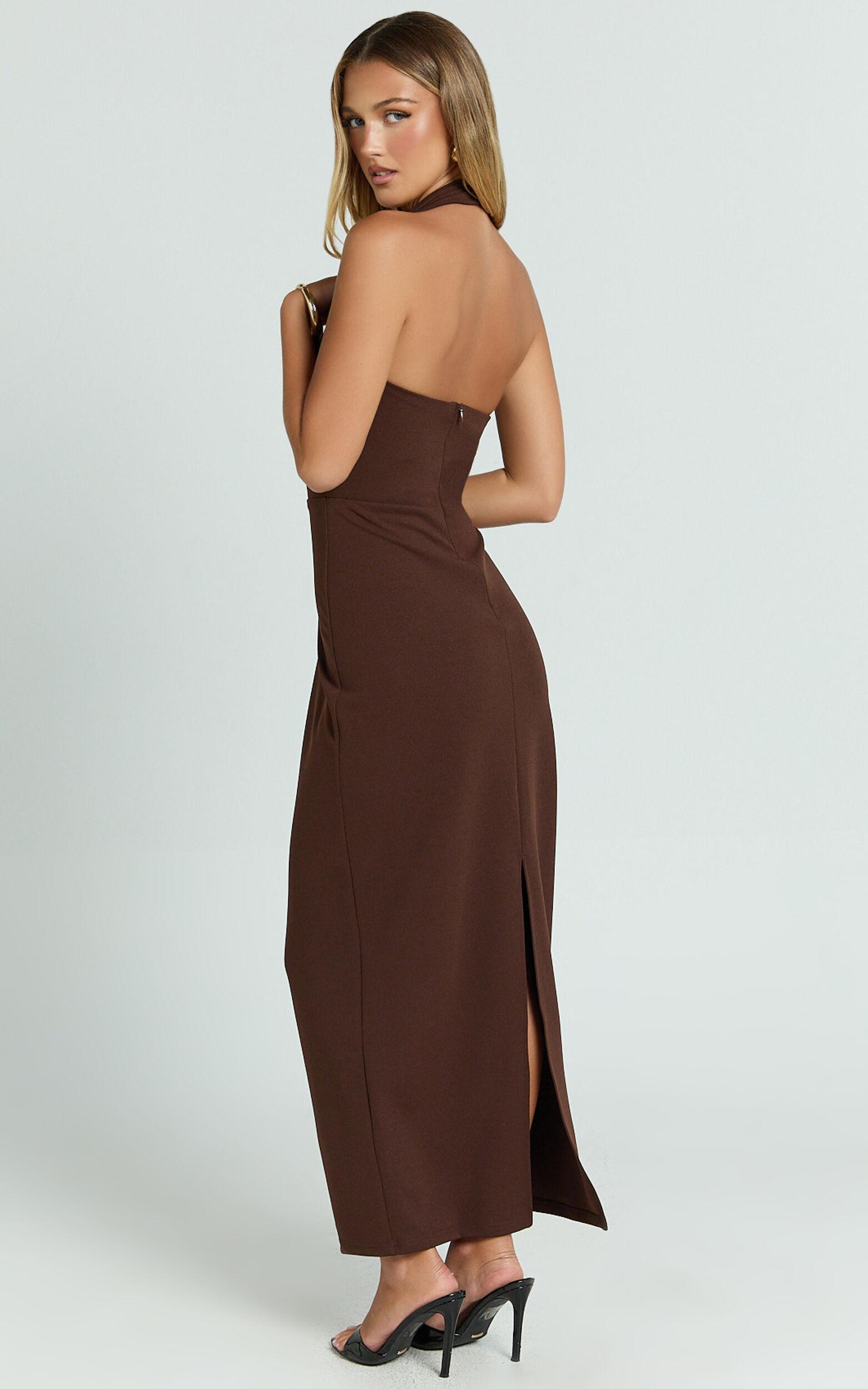 Salome Midi Dress - Halter Neck Column Dress in Chocolate Product Image