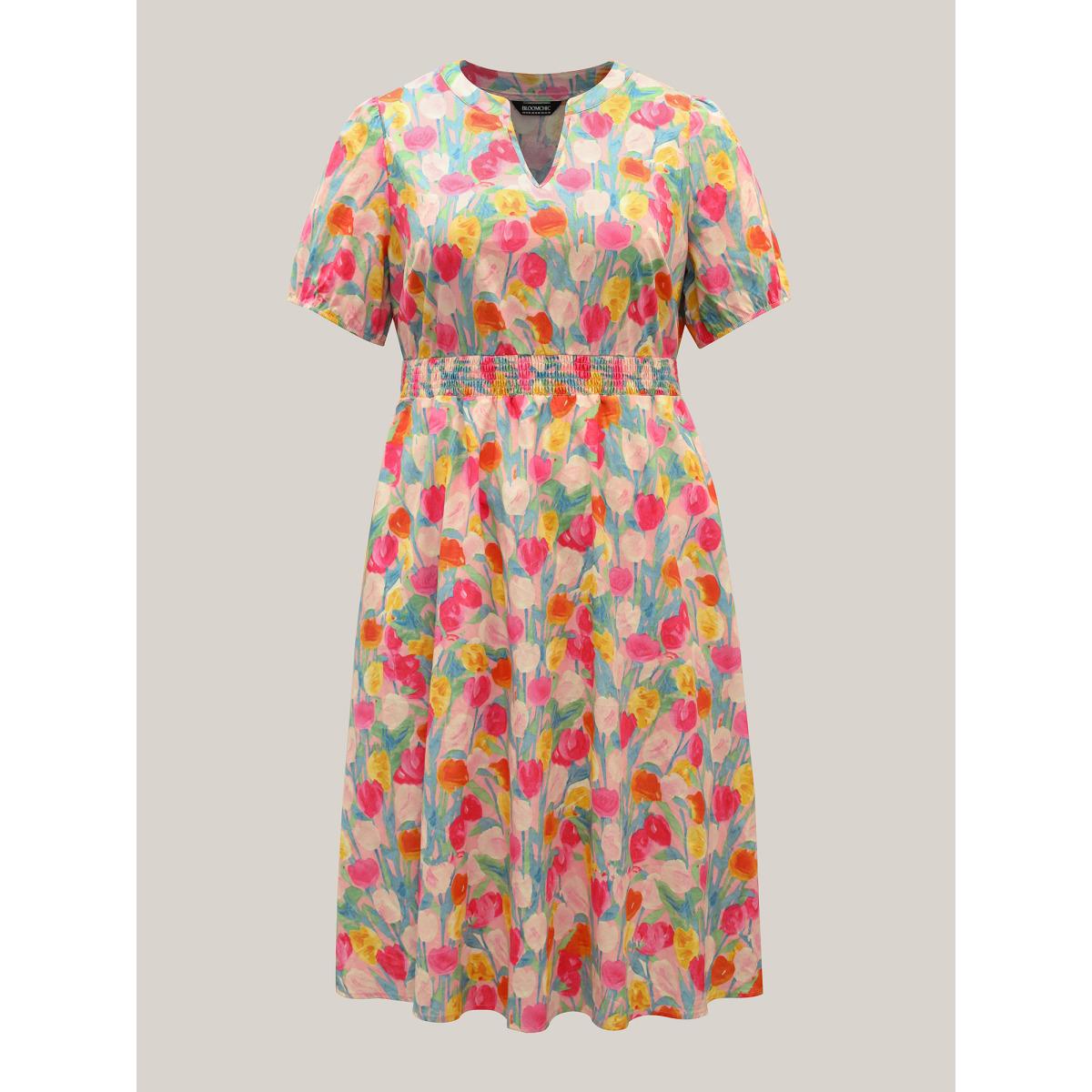 Plus Size Cotton Rosy Garden Shirred Waist Pockets Midi Dress Blush Women Playful Notched collar Short sleeve Curvy BloomChic 28/5X Product Image