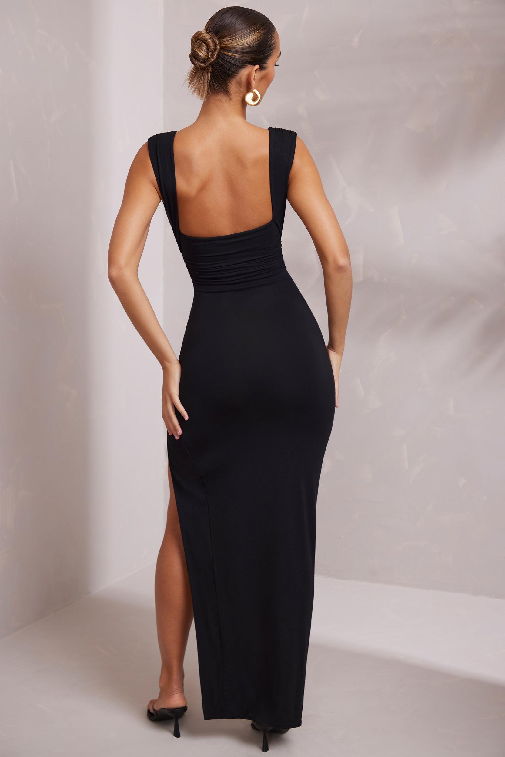 High Split Plunge Neck Maxi Dress in Black Product Image