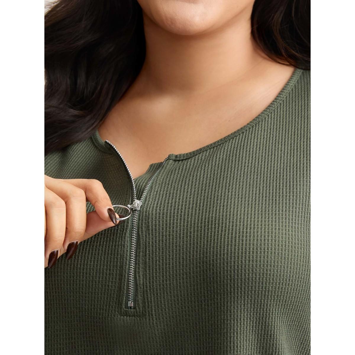 Plus Size Waffle High Low Hem Zipper T-Shirt ArmyGreen Women Leisure Topstitching Round Neck Casual T-shirts BloomChic 26/4X Product Image