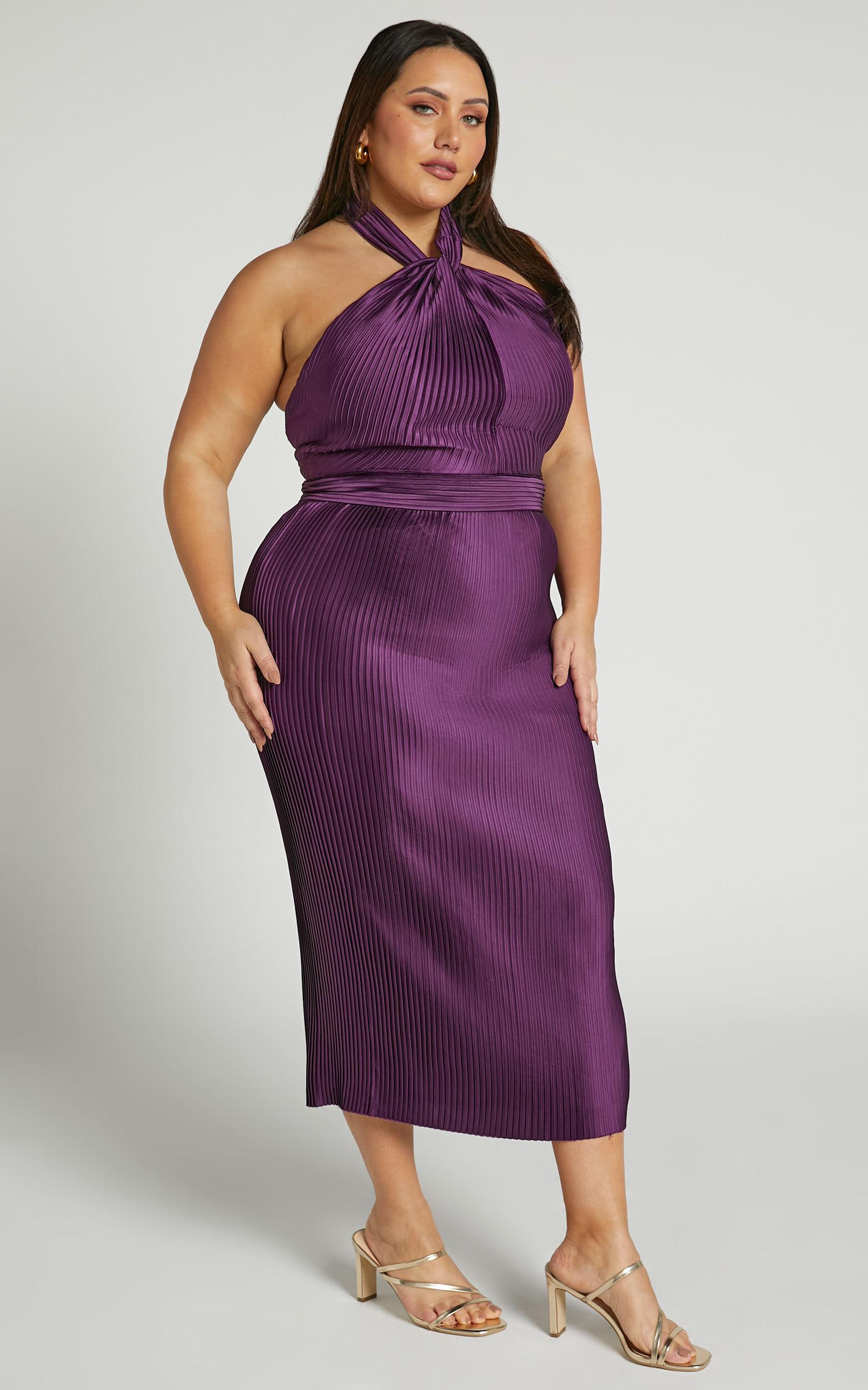 Marlette Midi Dress - Pleated Open Back Halter Dress in Aubergine Product Image