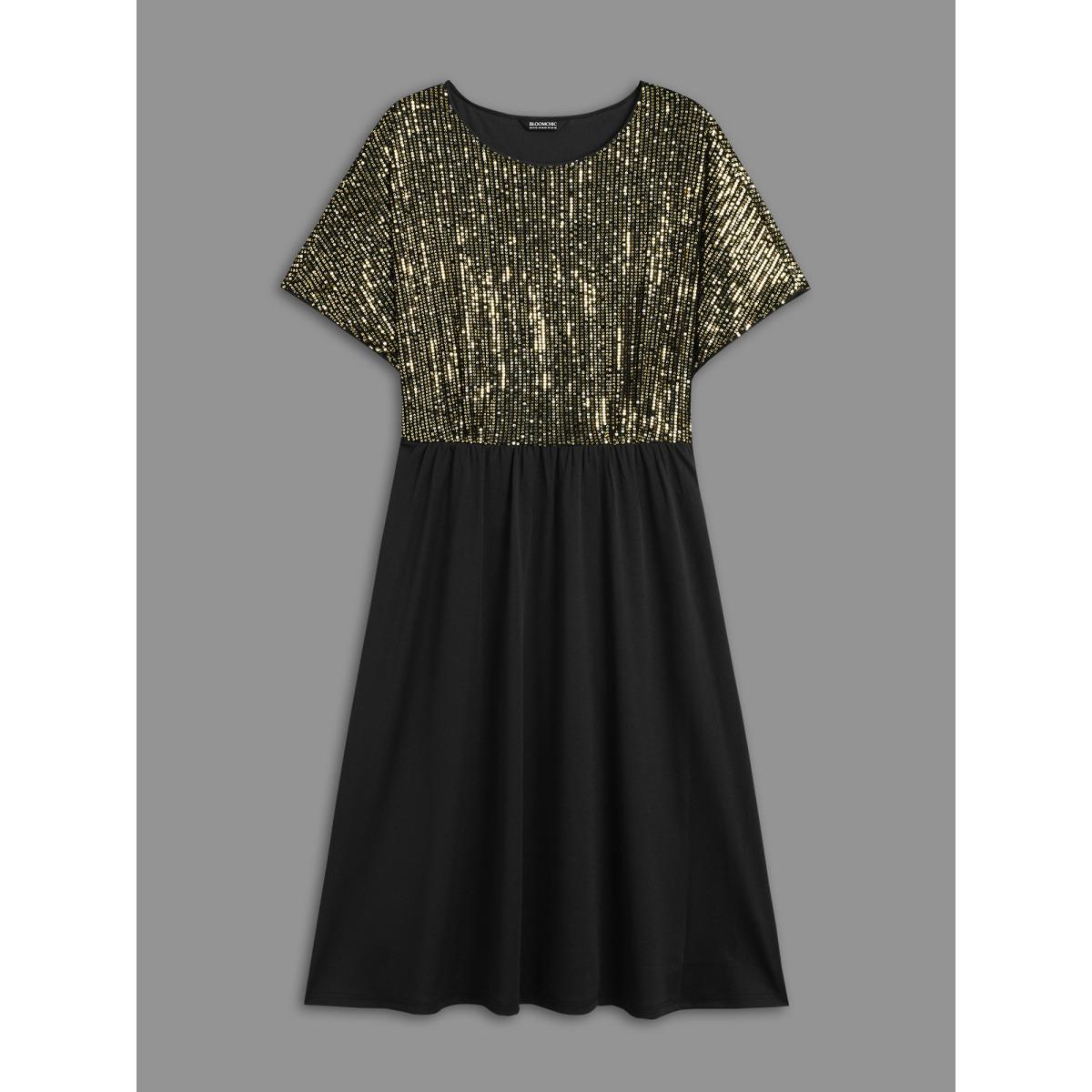 Plus Size Sequin Patchwork Dolman Sleeve Dress Black Women Cocktail Texture Party Curvy Bloomchic 26/4X Product Image