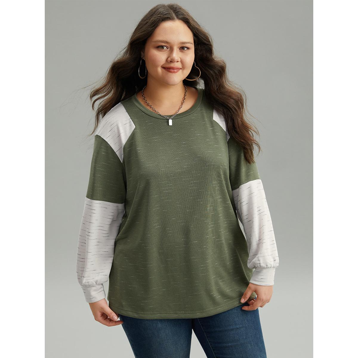 Plus Size Colorblock Patchwork Raglan Sleeve Sweatshirt Women ArmyGreen Casual Contrast Round Neck Everyday Sweatshirts BloomChic 28/5X Product Image