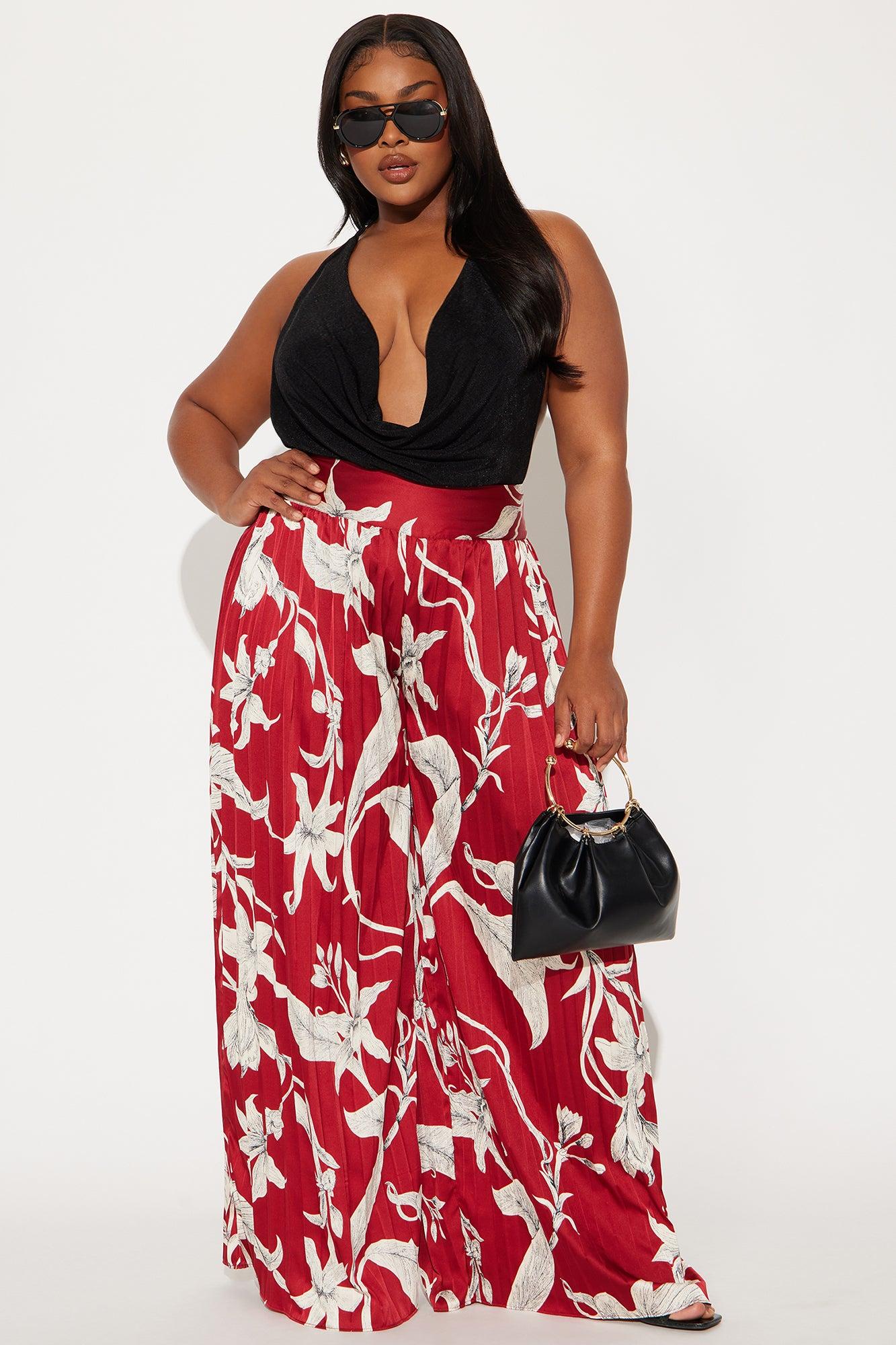 Leila Pleated Satin Wide Leg Pant - Burgundy Product Image