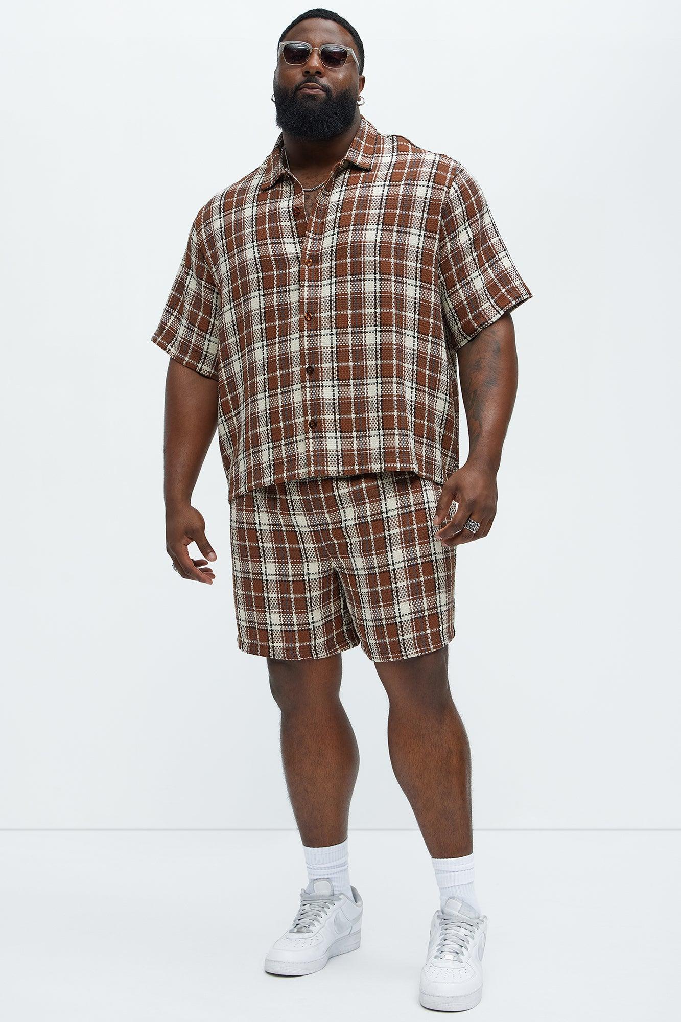 Plaid Basket Weave Cropped Button Up Shirt - Brown Combo Product Image