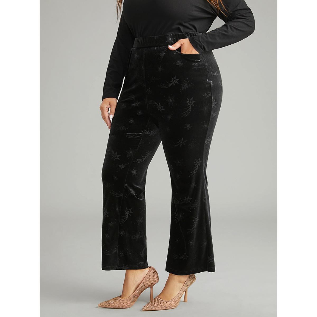 Plus Size Velvet Star Elastic Waist Pants Women Black Glamour Flare Leg High Rise Festival-Halloween Pants BloomChic 10/M Product Image