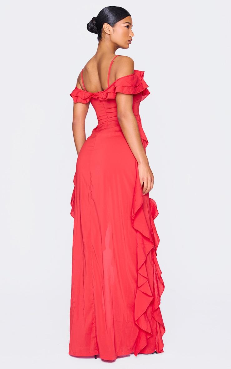 Red Cold Shoulder Ruffle Detail Maxi Dress Product Image