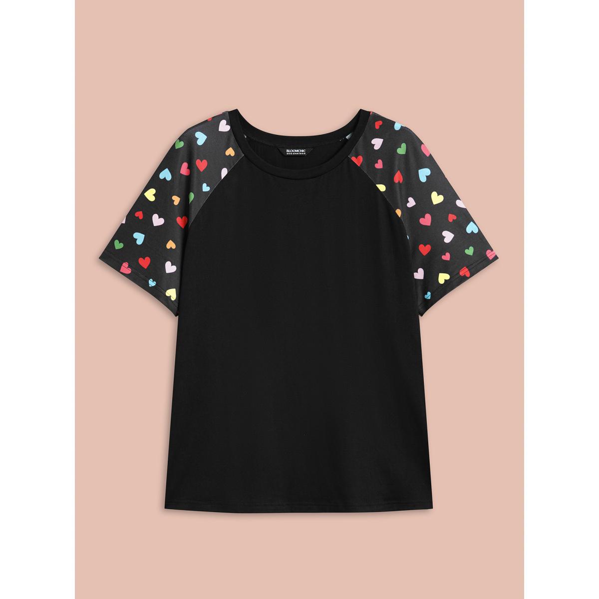 Plus Size Multi-Color Hearts Spliced Slim-Fit T-Shirt Black Women Leisure Contrast Round Neck Casual T-shirts BloomChic 18-20/2X Product Image