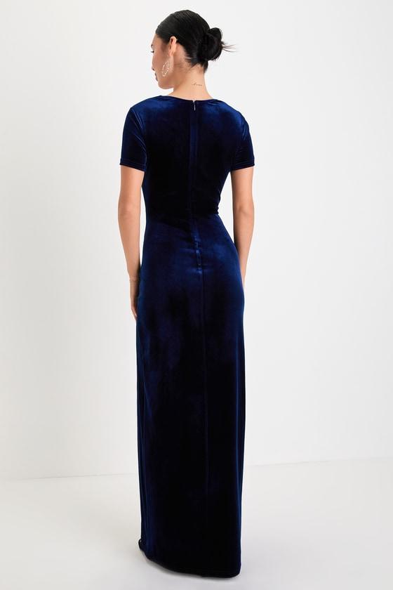 Eternal Elegance Navy Blue Velvet Short Sleeve Maxi Dress Product Image