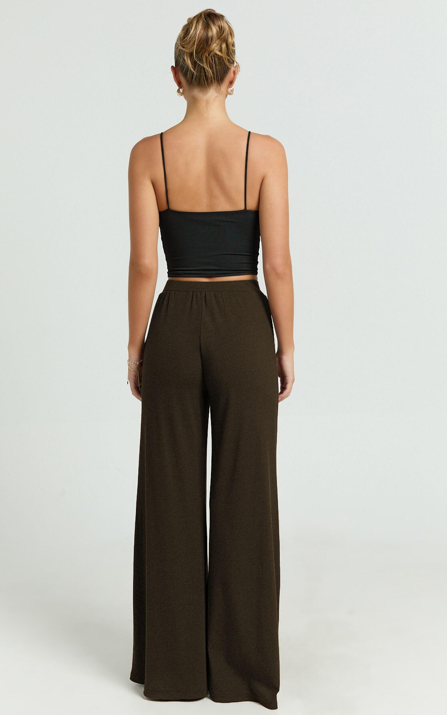 Amalthea Pants - High Waisted Jersey Rib Wide Leg Pants in Chocolate Product Image