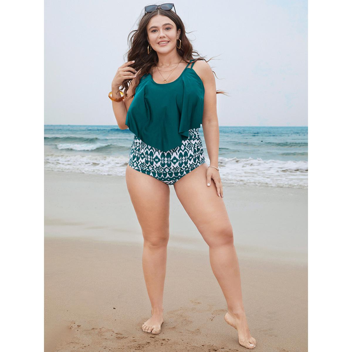 Plus Size Geometric Patchwork Ruffle Trim One Piece Swimsuit Women's Swimwear Teal Vacation Adjustable Straps Curve Bathing Suits High stretch One Pieces BloomChic 18-20/2X Product Image