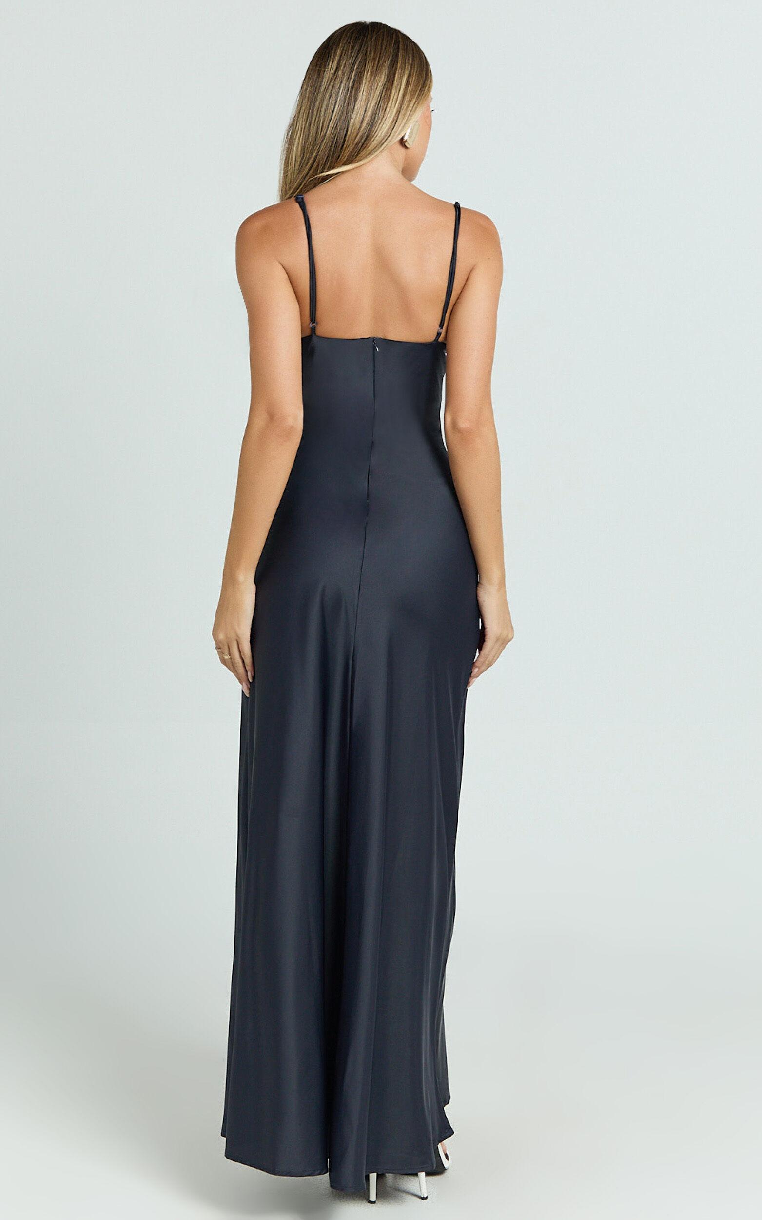 Cariela Midi Dress - Plunge Neck Satin Dress in Navy Product Image