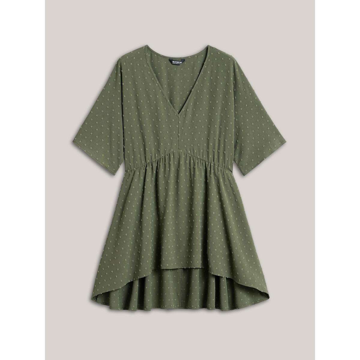 Plus Size ArmyGreen Textured Hi-Low Hem Pockets Shirt Women Casual Half Sleeve V-neck Everyday Blouses BloomChic 30/6X Product Image