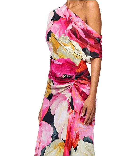 Betsy & Adam Chiffon Floral Print One Shoulder Neck One Short Sleeve Ruched Gown Product Image