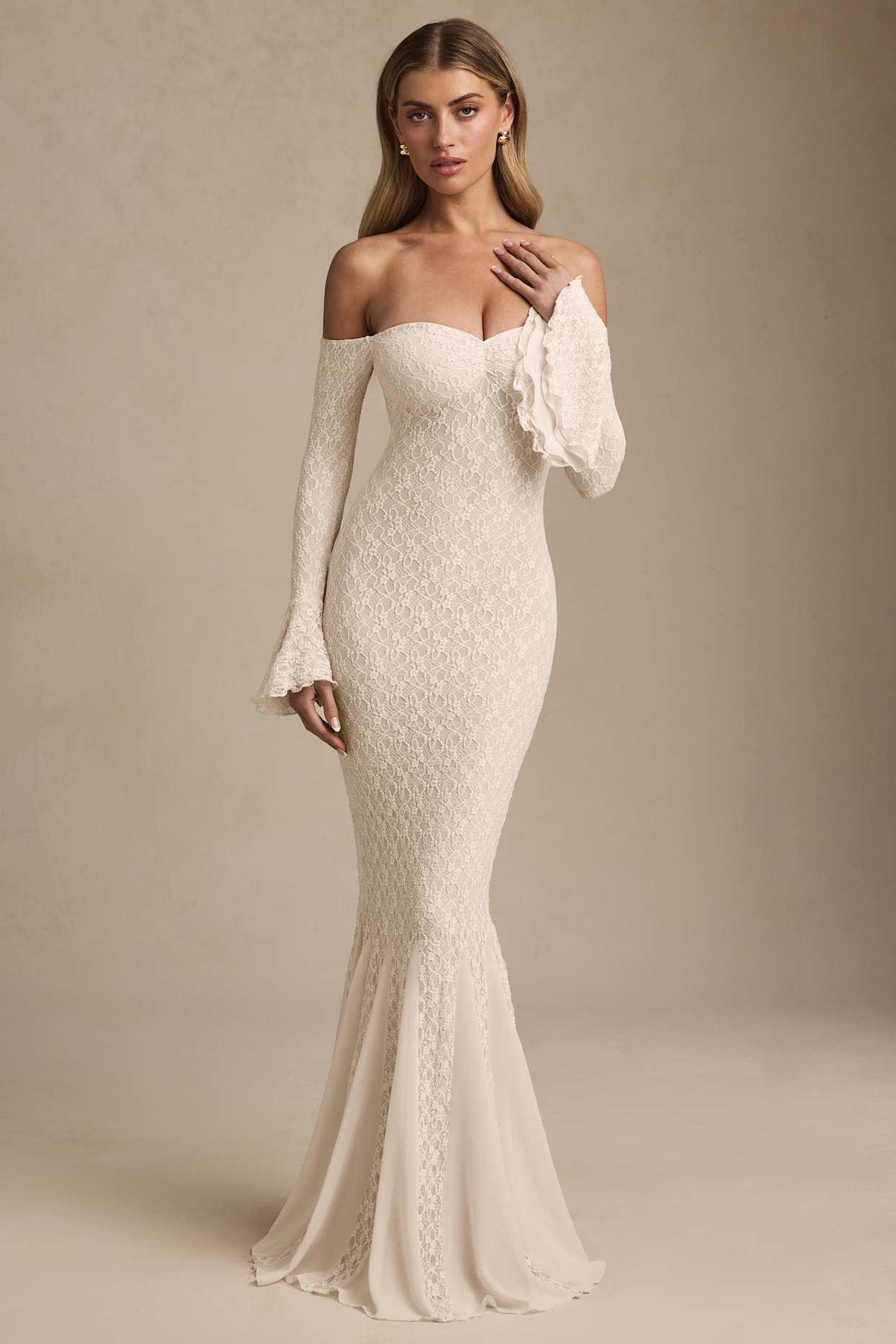 Off-Shoulder Ruffle Lace Maxi Dress in Ivory Product Image