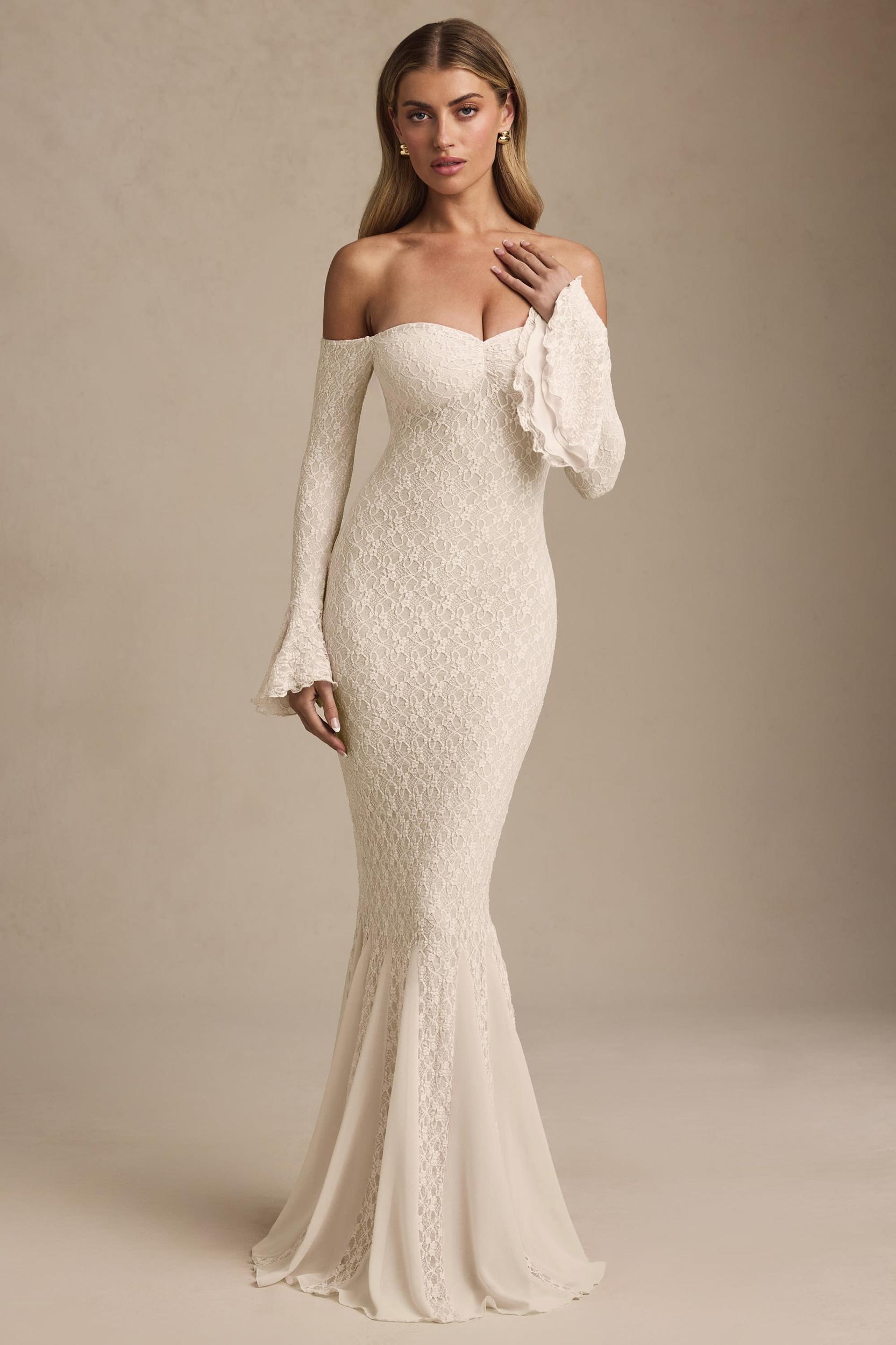 Off-Shoulder Ruffle Lace Maxi Dress in Ivory Product Image