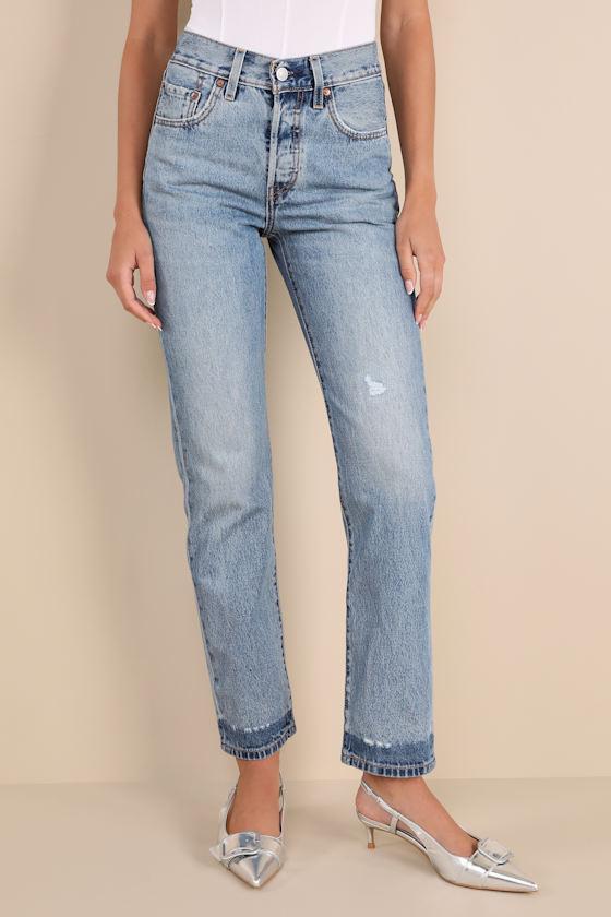 501 Straight Medium Wash Distressed Cropped Denim Jeans Product Image