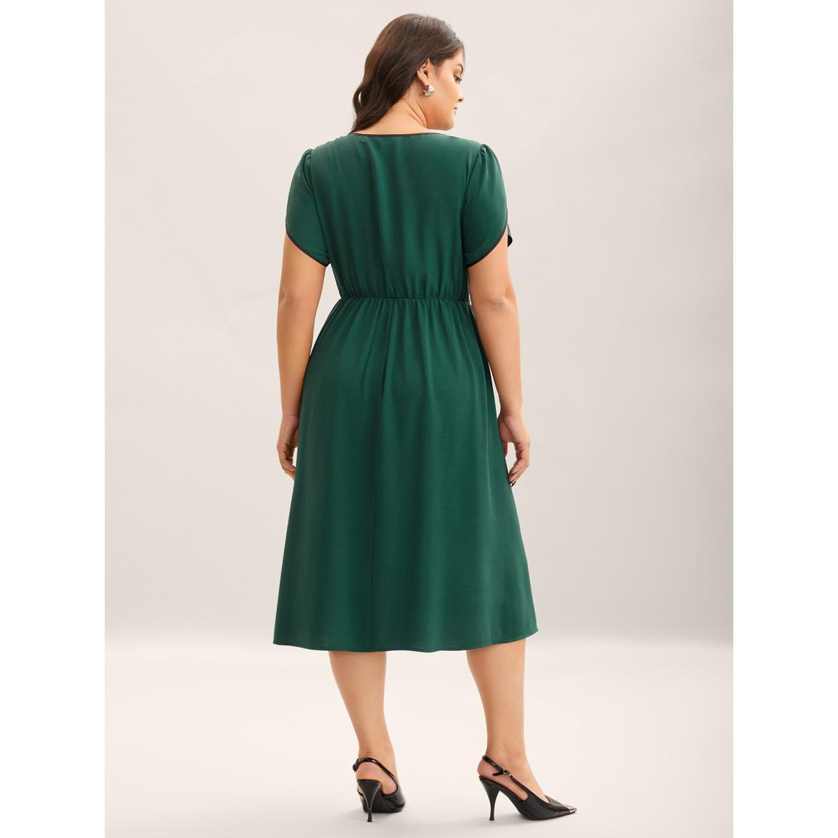Plus Size Petal Sleeve Pleated Pockets Midi Dress DarkGreen Women Office Round Neck Short sleeve Curvy BloomChic 10/M Product Image