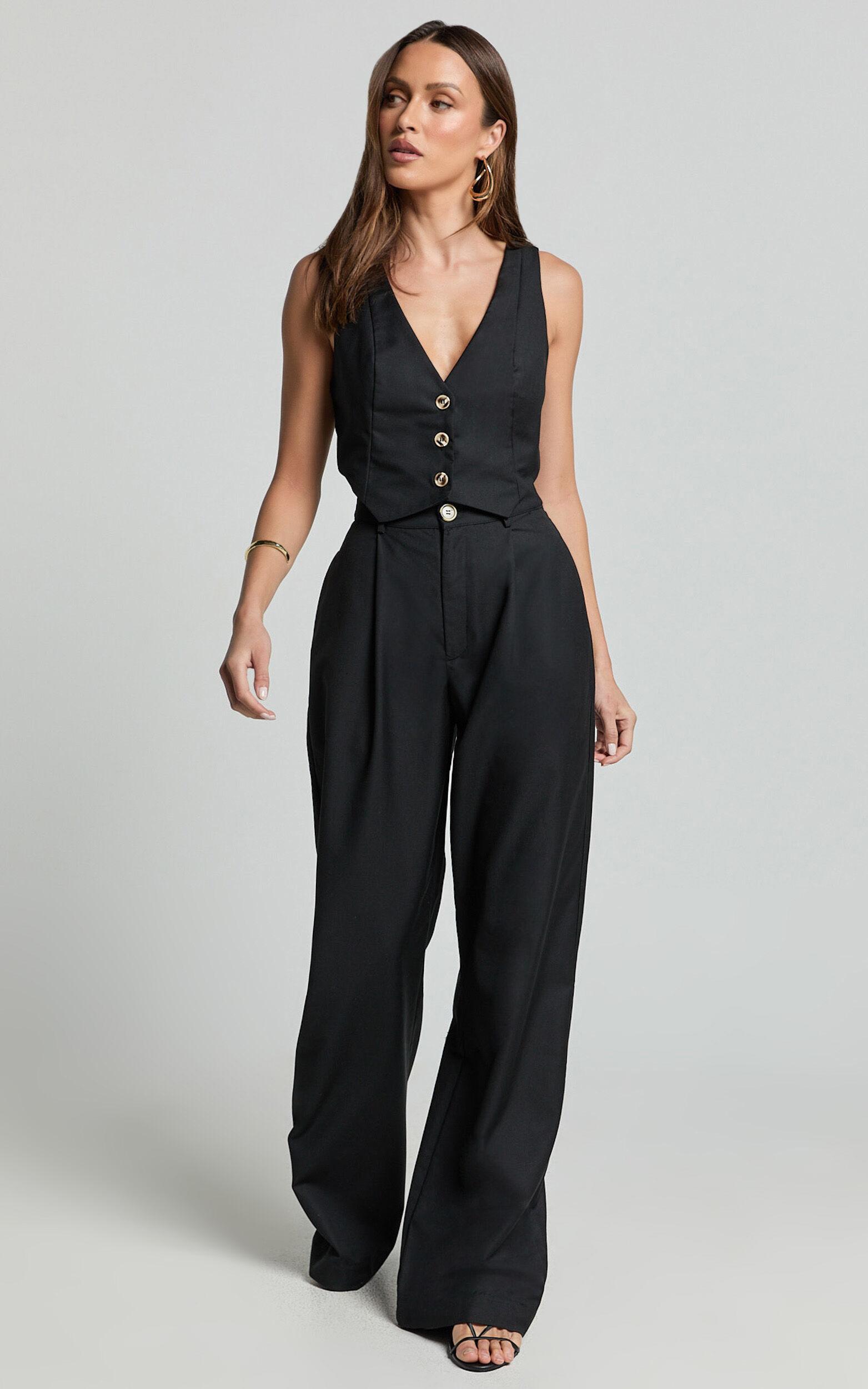 Izara Vest - V Neck Button Up Cropped Vest in Black Product Image