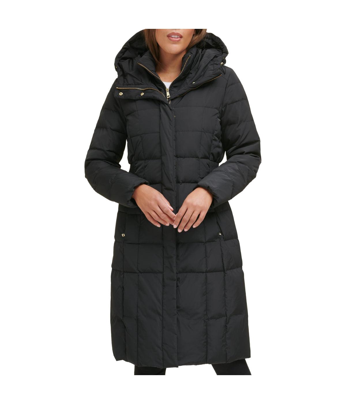 Box Quilt Down Zip Front Coat Black Product Image