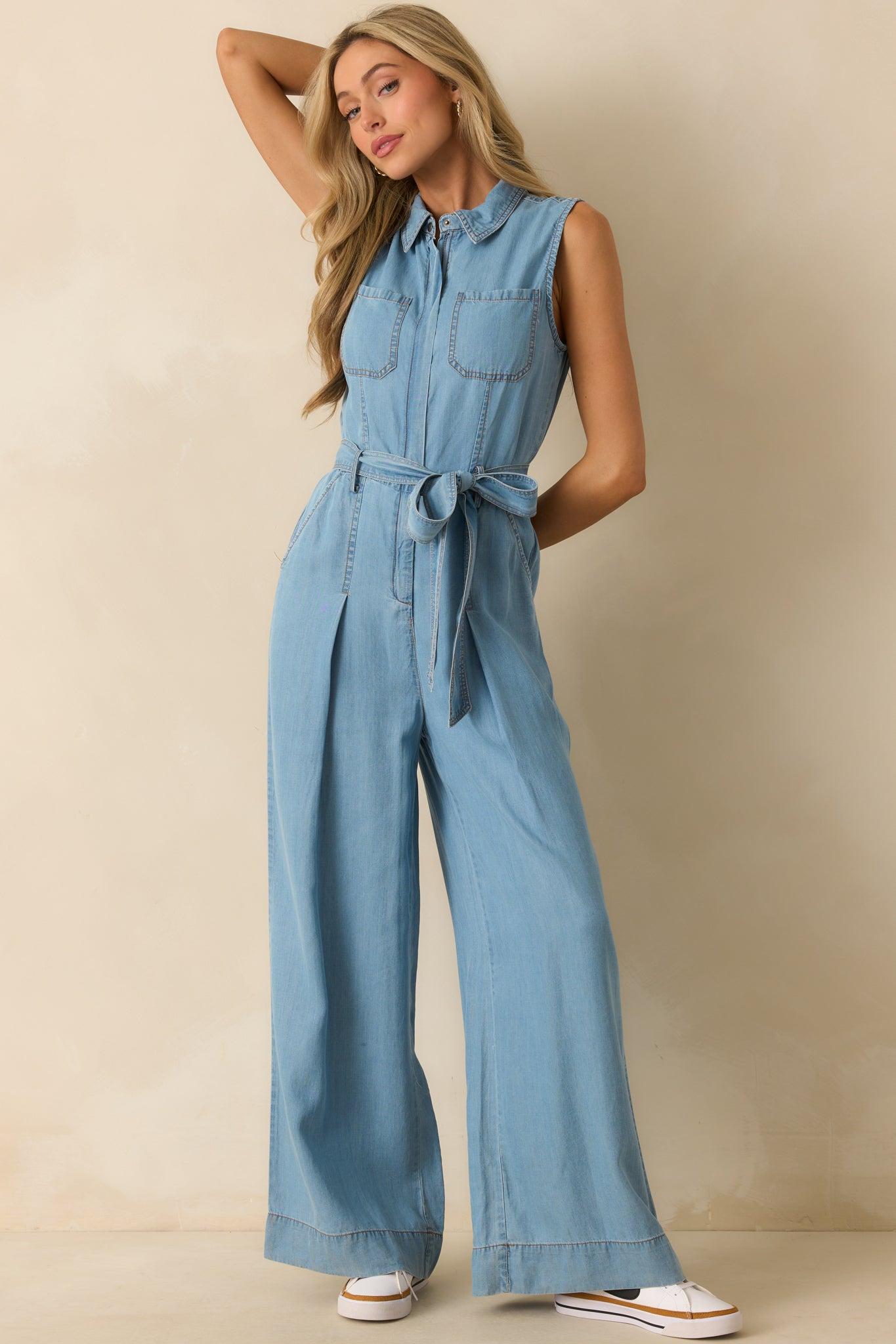 Best Foot Forward Blue Chambray Sleeveless Jumpsuit Product Image