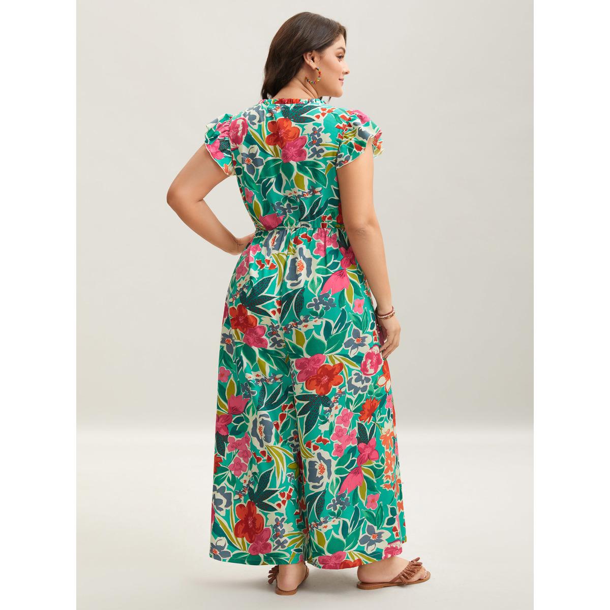 Plus Size Malachitegreen Sunkissed Floral Print Button Wide-Leg Jumpsuit Women Resort Cap Sleeve Notched collar Vacation Loose Jumpsuits BloomChic 12/L Product Image