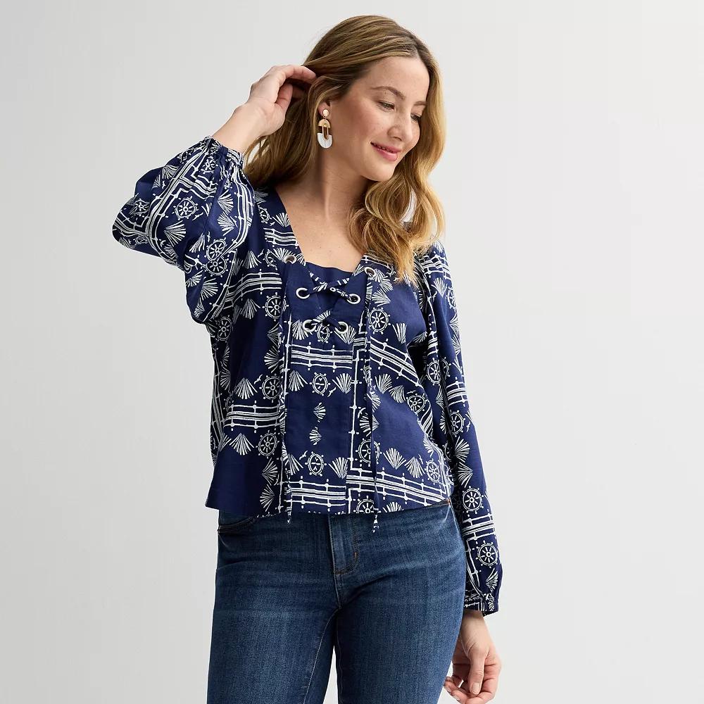 Women's Sonoma Goods For Life® Long Sleeve Lace-Up Top, Size: XL, Blue Nautical Print Product Image
