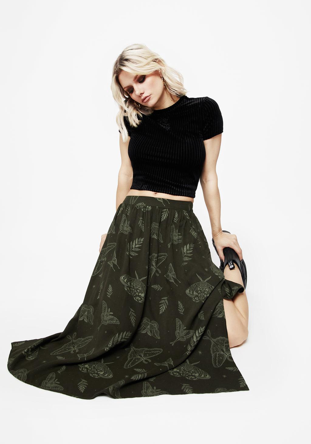 Callopistria Moth Print Midi Skirt - Green Product Image
