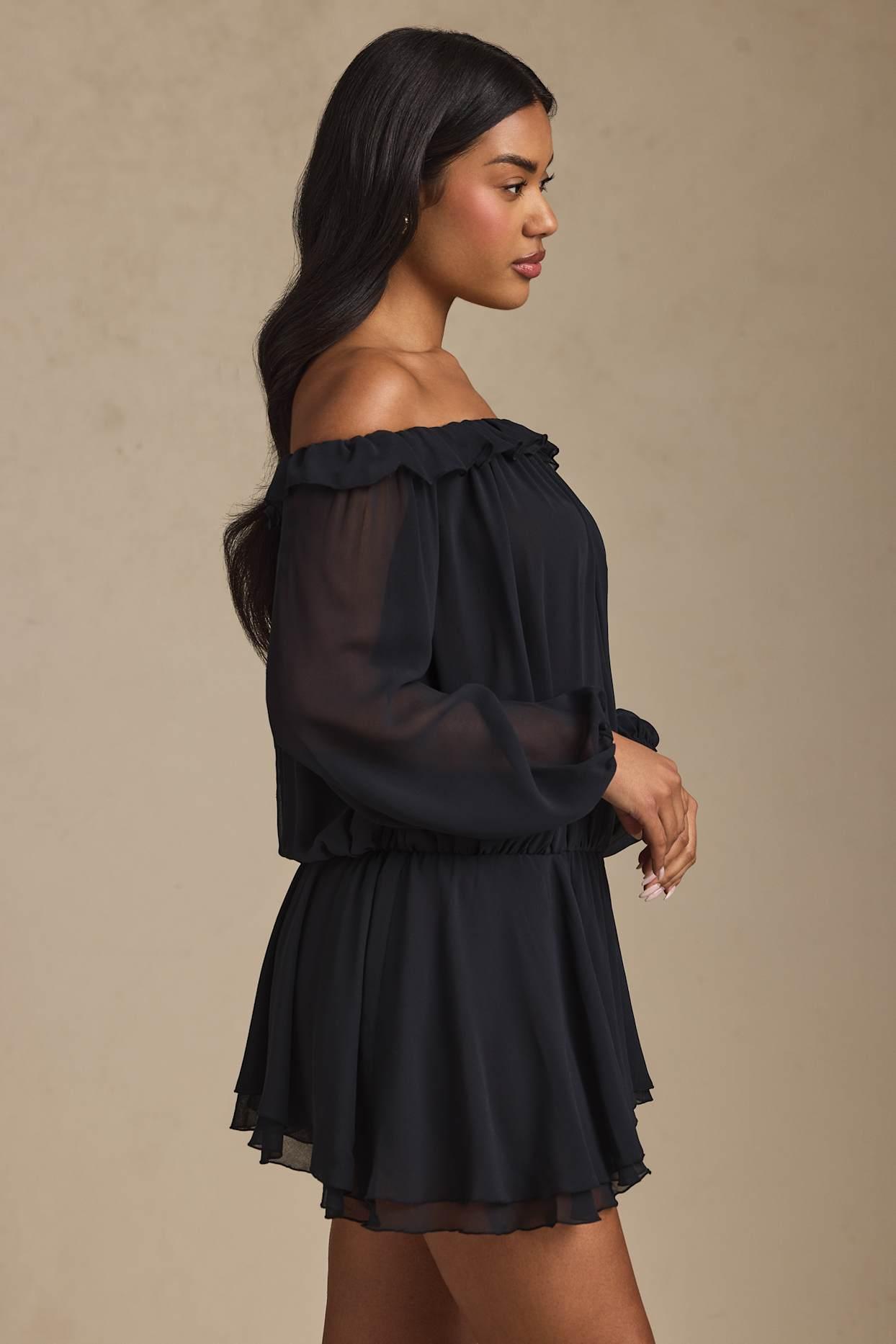 Off-Shoulder Asymmetric Balloon-Sleeve Mini Dress in Black Product Image