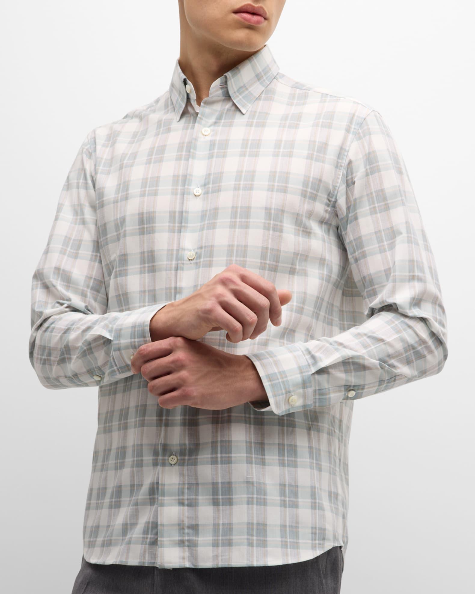 Men's Cotton-Linen Plaid Sport Shirt Product Image