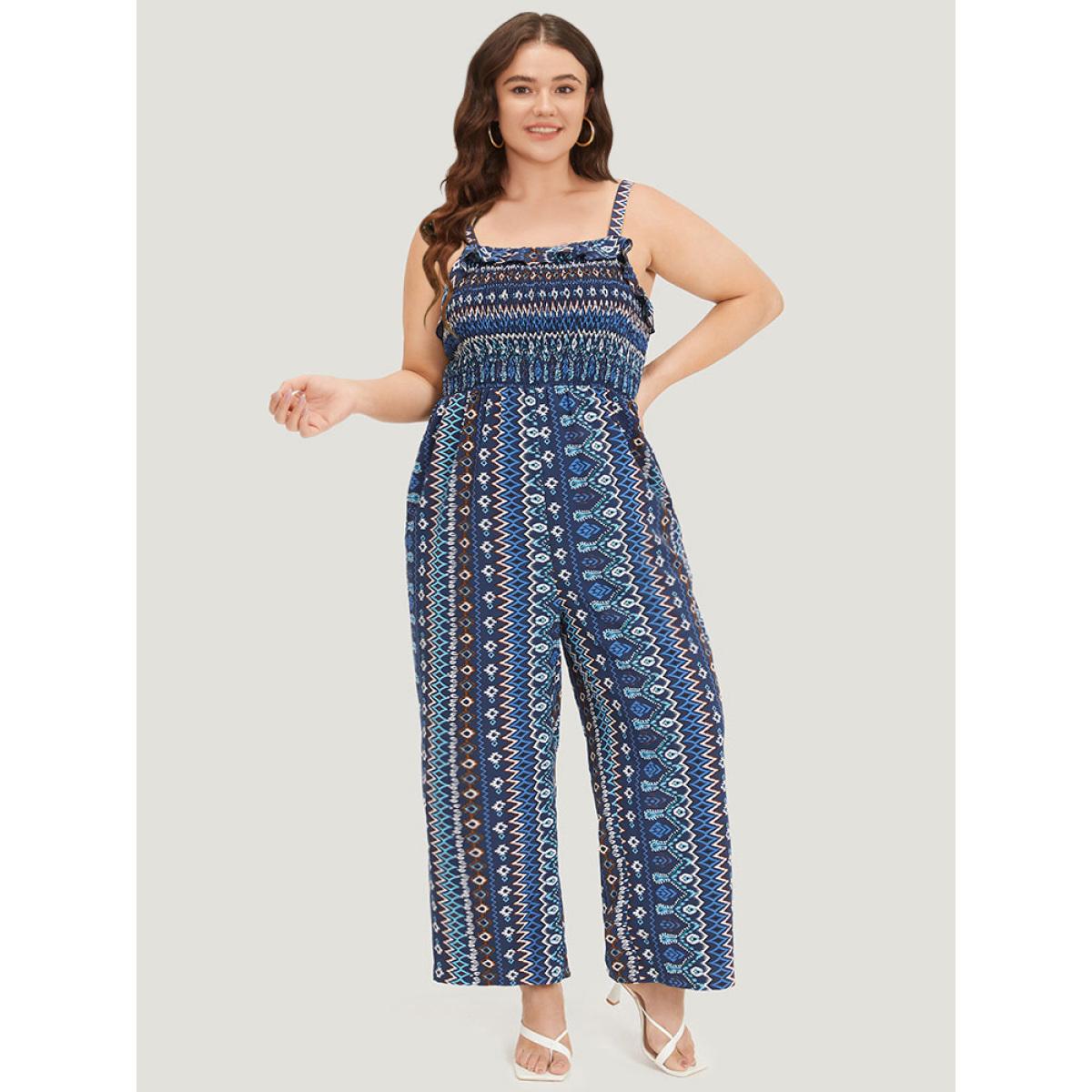 Plus Size DarkBlue Boho Print Shirred Pocket Elastic Wais Ruffle Trim Cami Jumpsuit Women Elegant Sleeveless Spaghetti Strap Dailywear Loose Jumpsuits BloomChic 14-16/1X Product Image