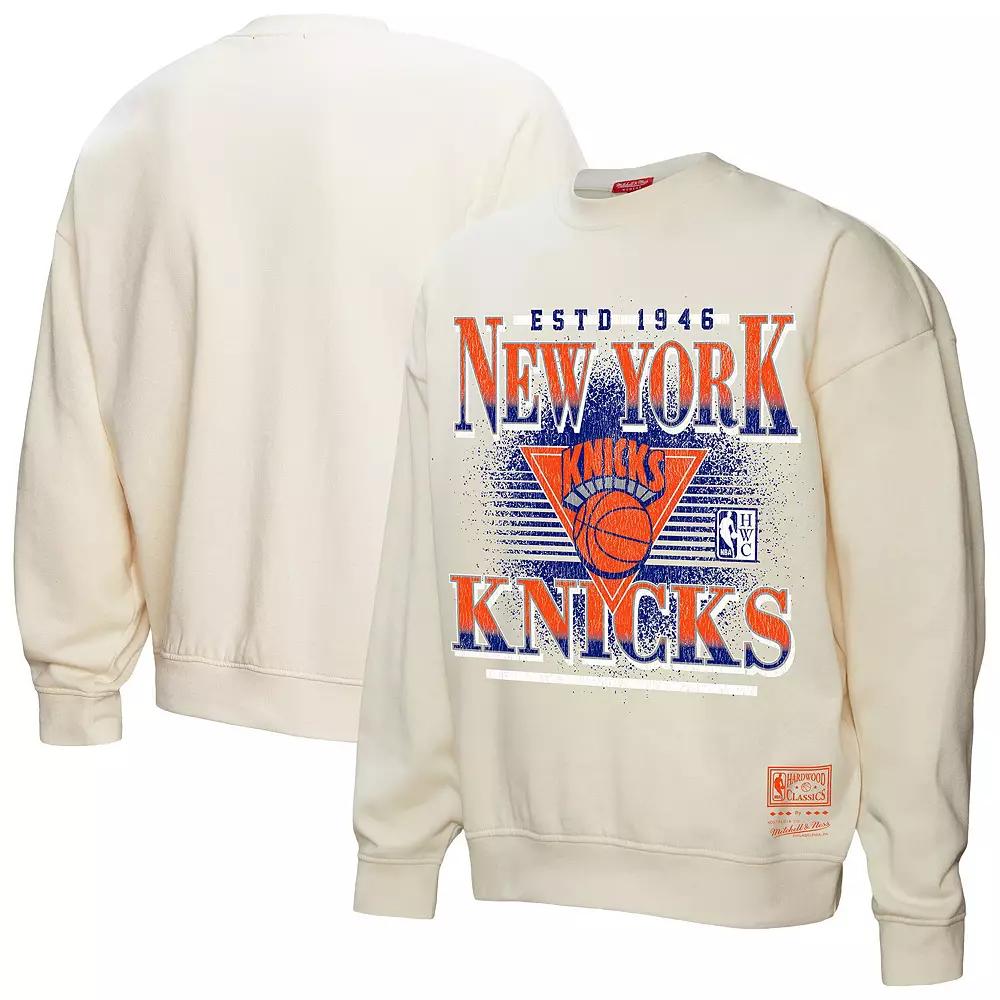 Women's Mitchell & Ness Cream New York Knicks Oversprayed Pullover Sweatshirt,  Product Image