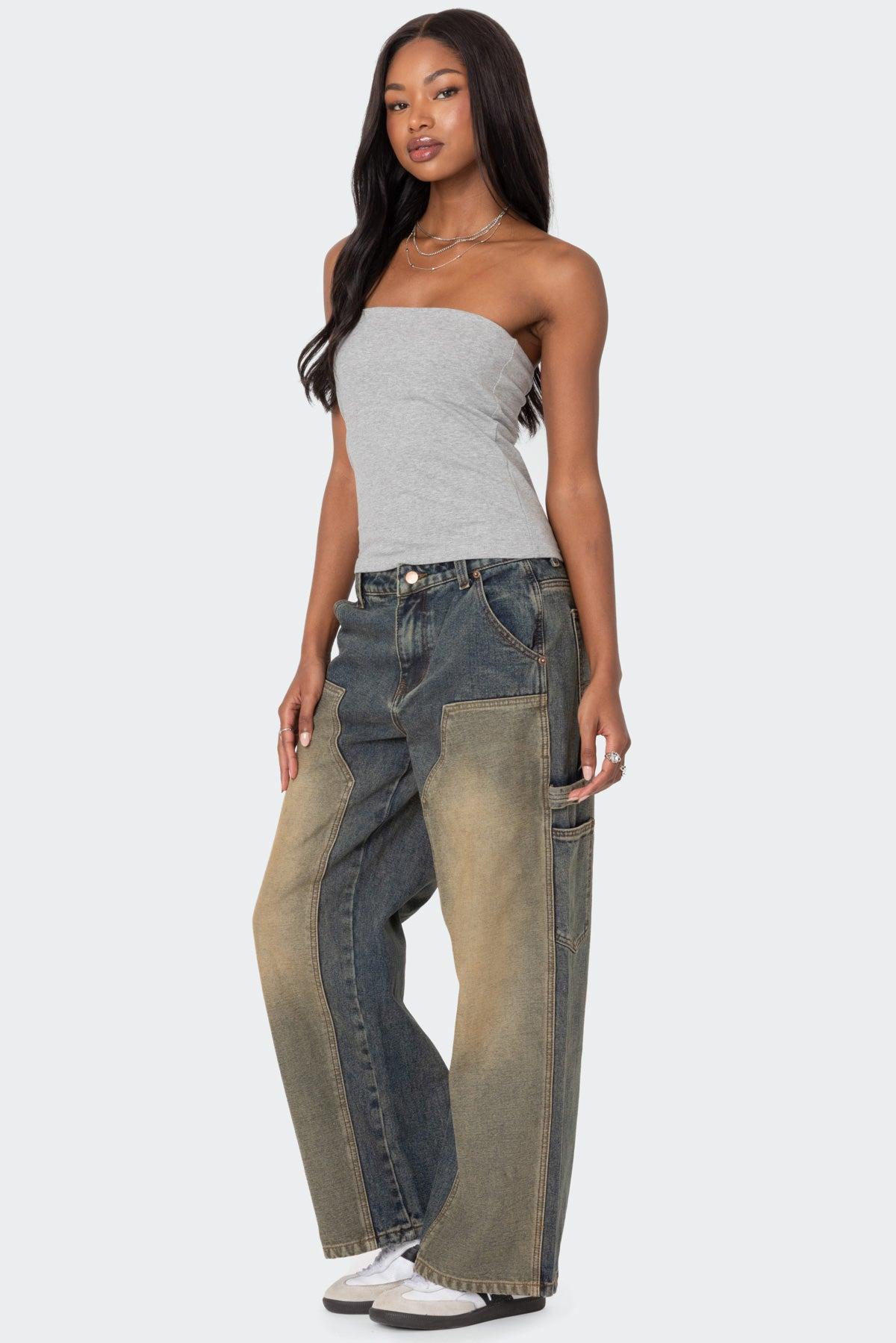 Contrast Panel Washed Mid Rise Baggy Jeans Product Image