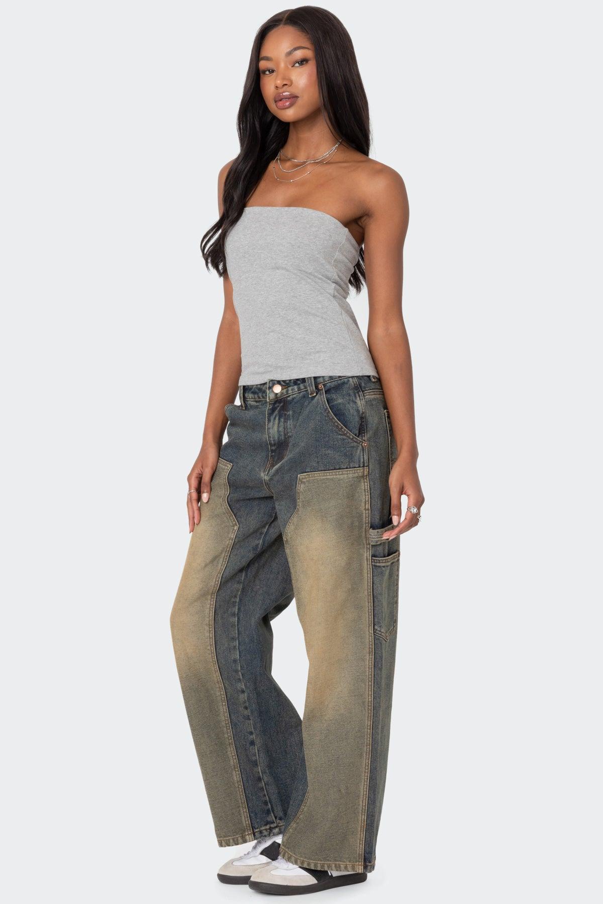 Contrast Panel Washed Mid Rise Baggy Jeans Product Image
