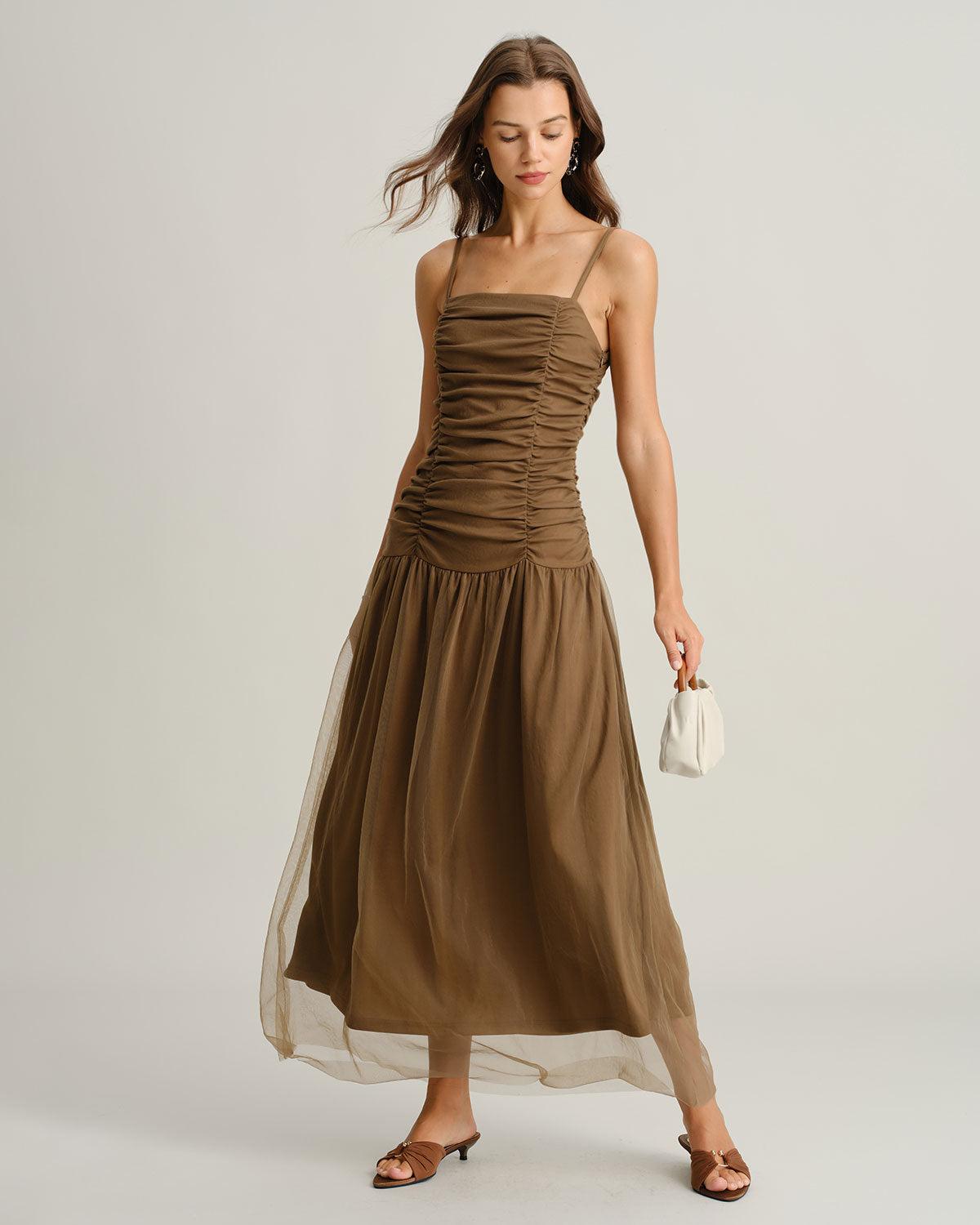 Brown Ruched Mesh Slip Maxi Dress Product Image