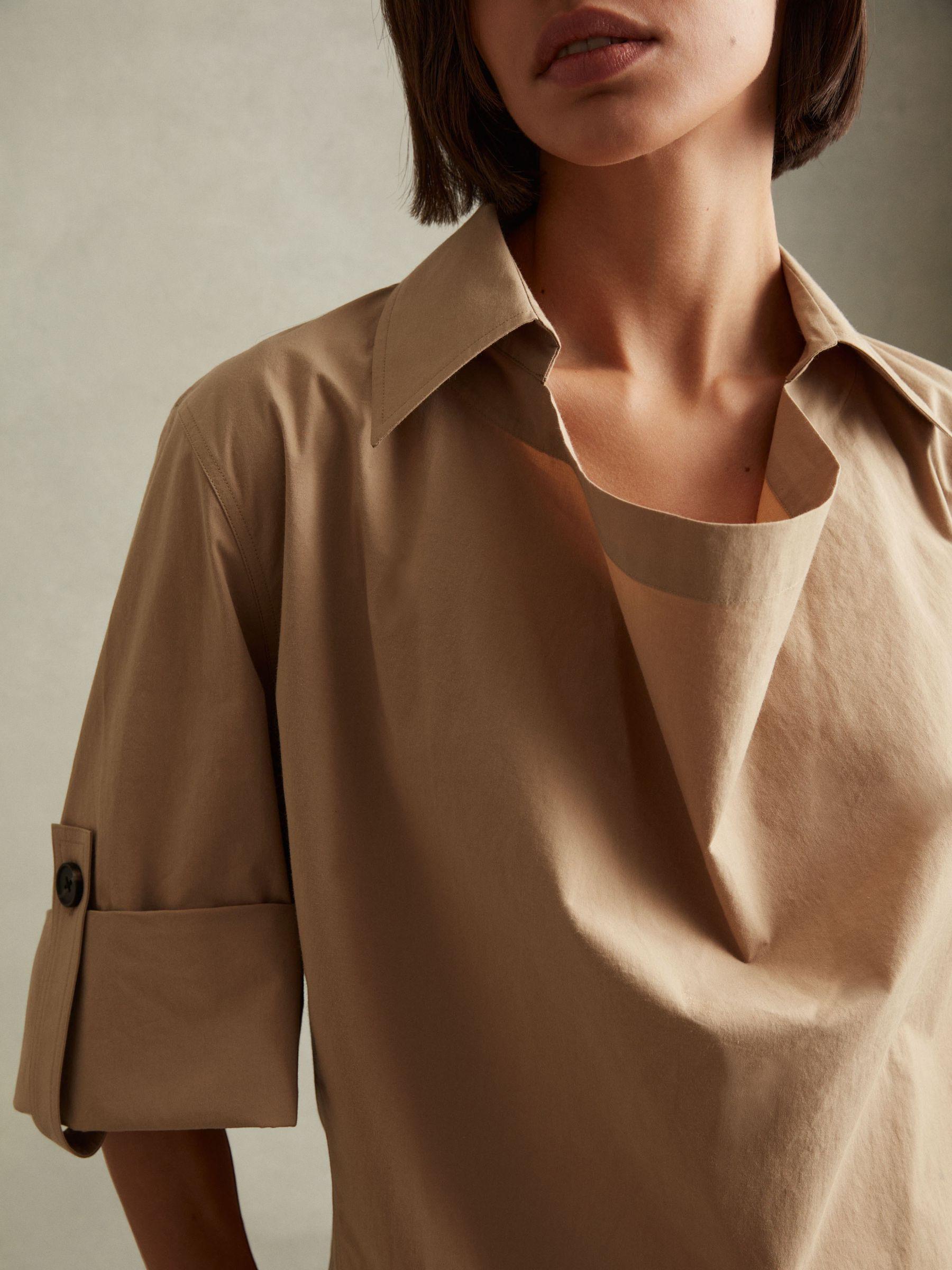 Cotton Blend Collared Cowl Neck Shirt in Stone Product Image