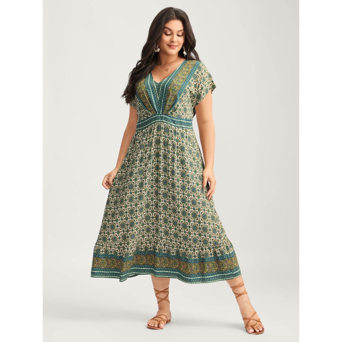 Plus Size Rayon Floral Boho Print Pockets Midi Dress Multicolor Women Boho Shirred V-neck Short sleeve Curvy BloomChic 10/M Product Image